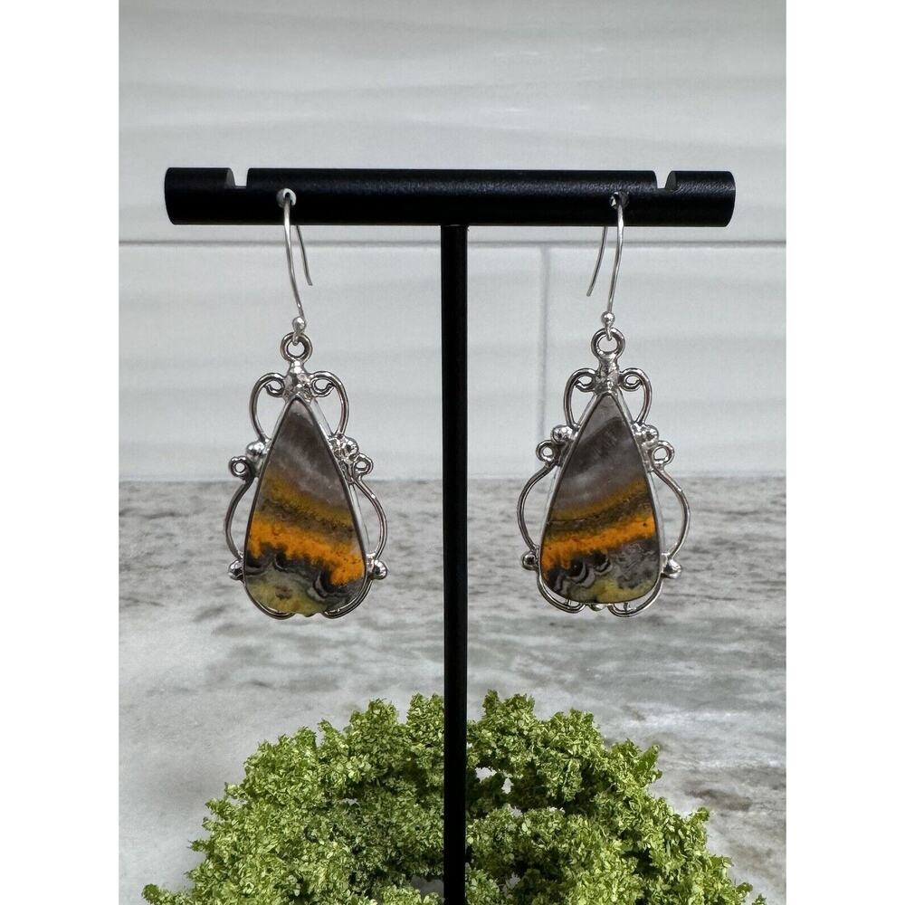 Sterling Silver Natural Bumblebee Jasper Dangle Statement Earrings